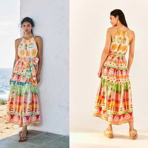 Farm Rio Rainbow Sunset Halter Neck Maxi Dress Size Small (S)